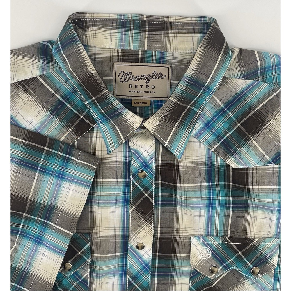 Wrangler Retro Western Shirt Men XXL Teal Blue Plaid Pearl Snap Short Sleeve